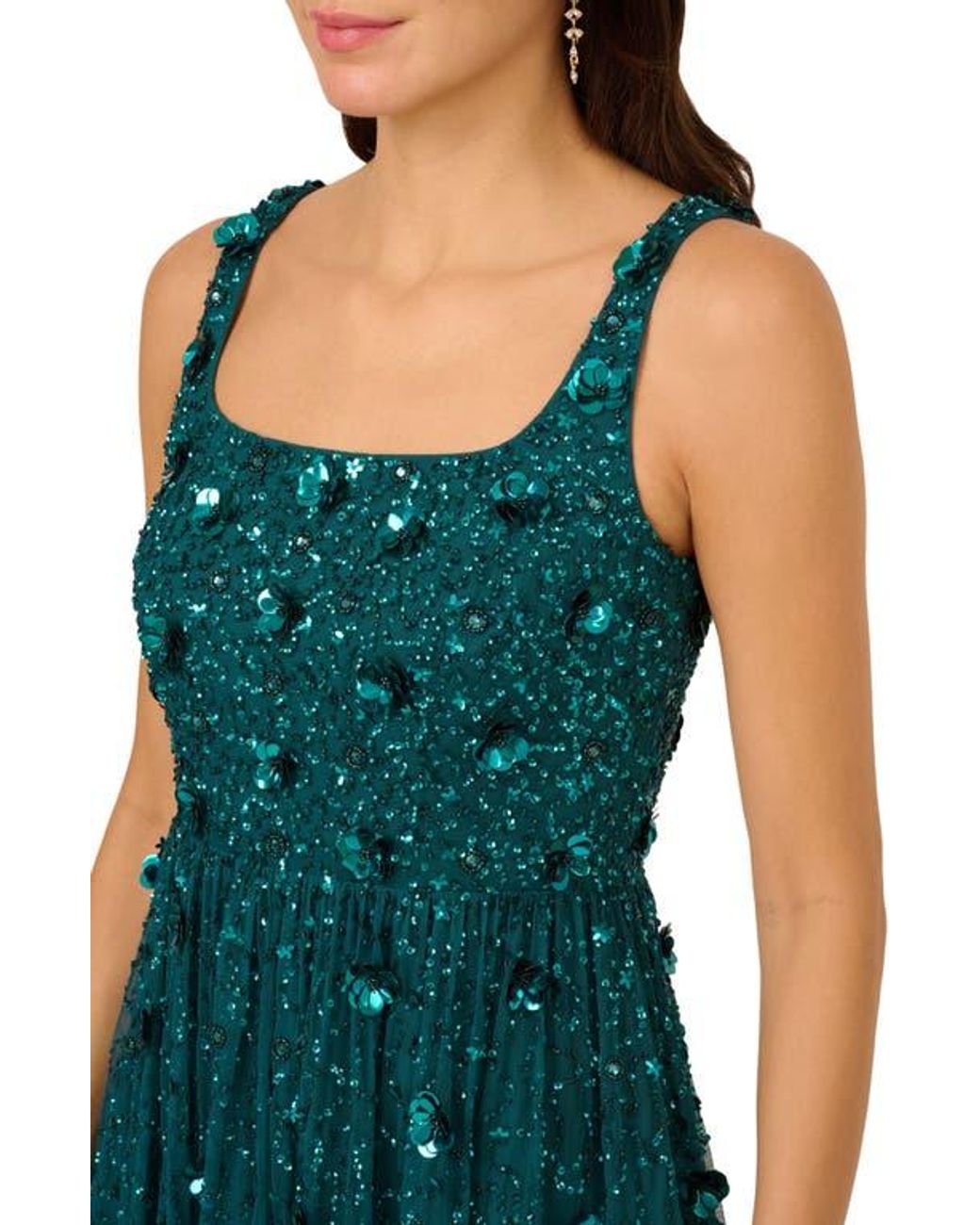 Adrianna Papell Embellished Ruffle Tiered Mesh Cocktail Dress in Green |  Lyst