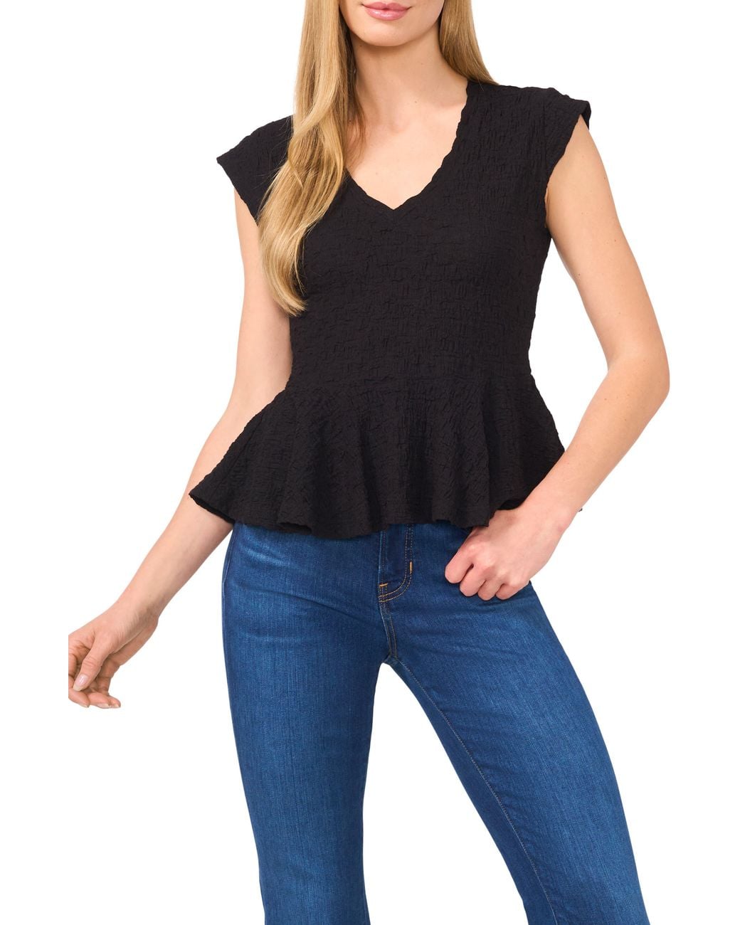 Cece Black Puckered Knit Peplum Top