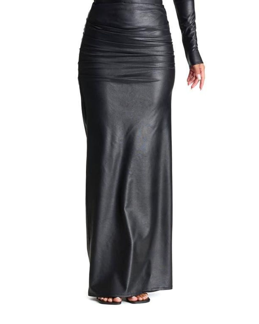 Women’s Faux Leather Maxi Skirt – Long A‑Line Elastic Waist Skirt, Plus Size Available, Polyester Spandex Blend