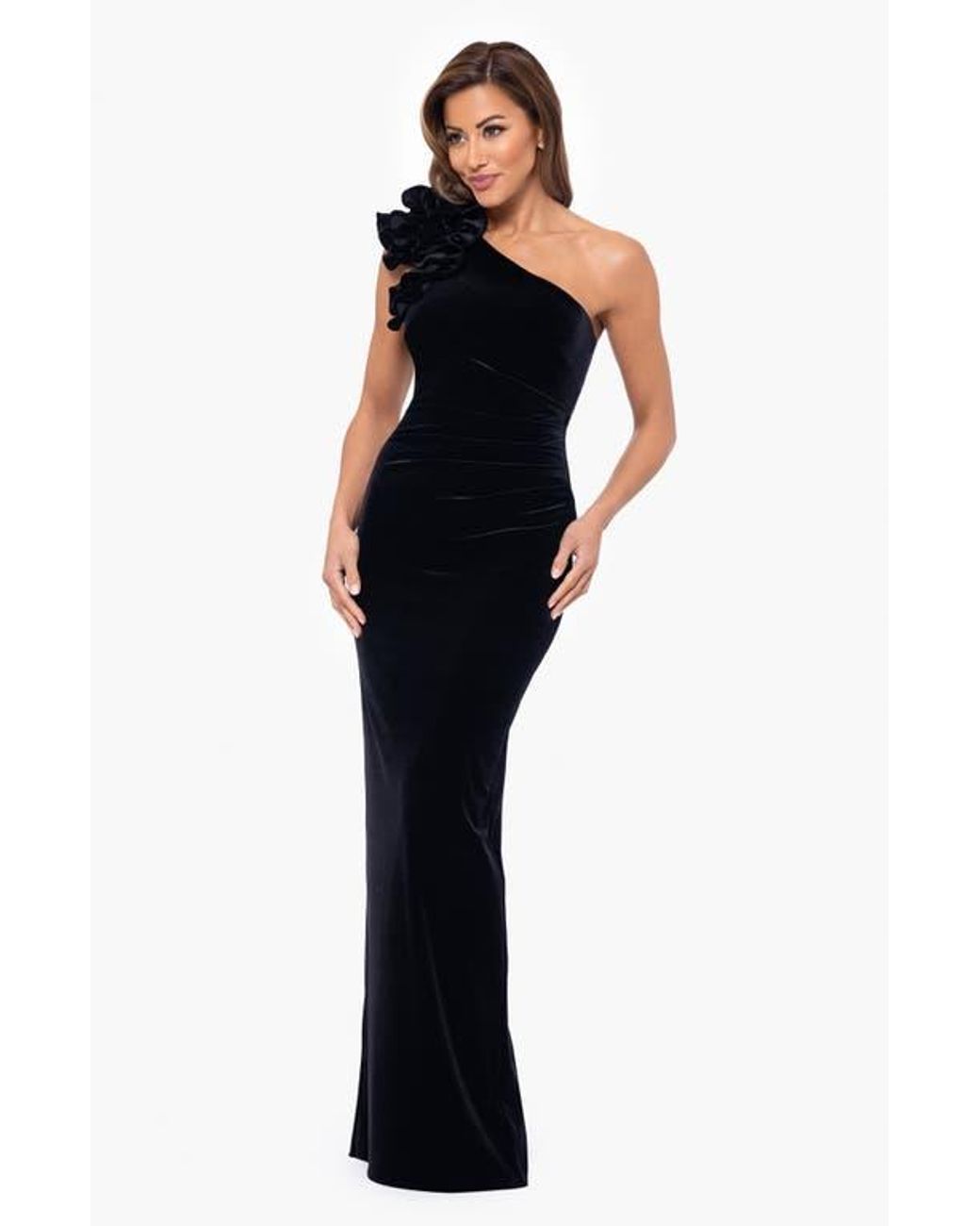 Velvet Ruffle Gown Xscape Evenings One-Shoulder Ruffle Stretch Velvet Gown in Black | Lyst