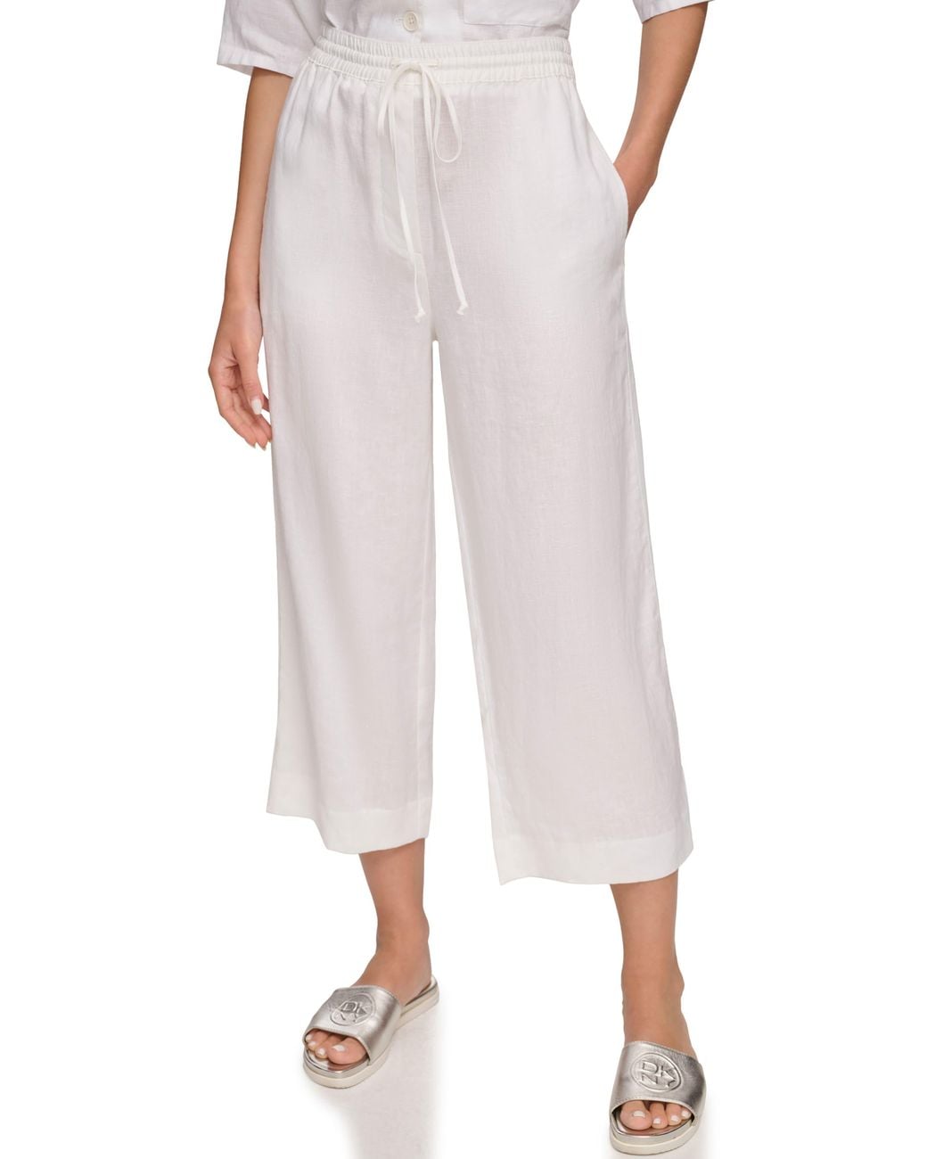 DKNY White Drawstring Crop Linen Pants