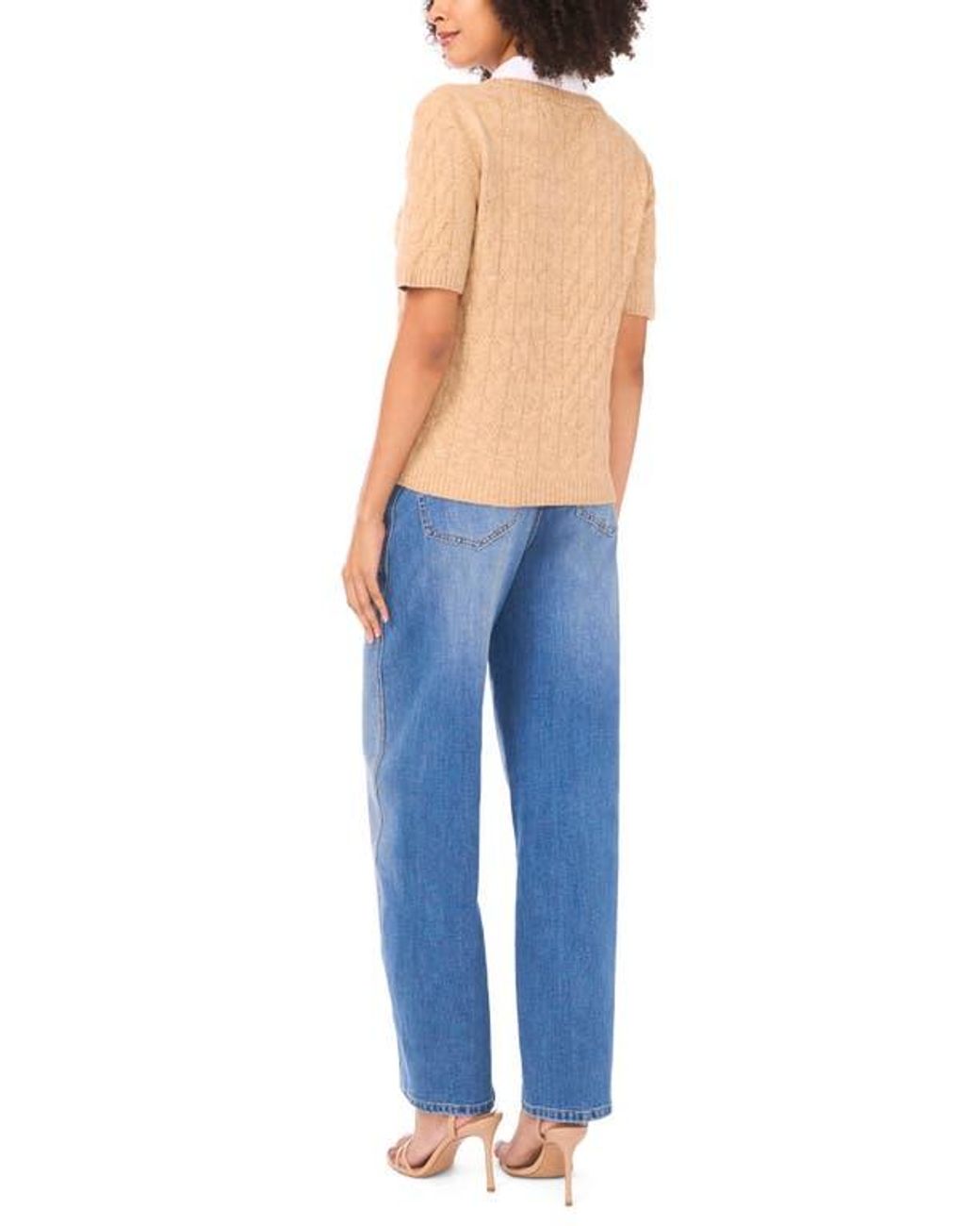 Vince Camuto Blue Layered Look Cable Short Sleeve Sweater