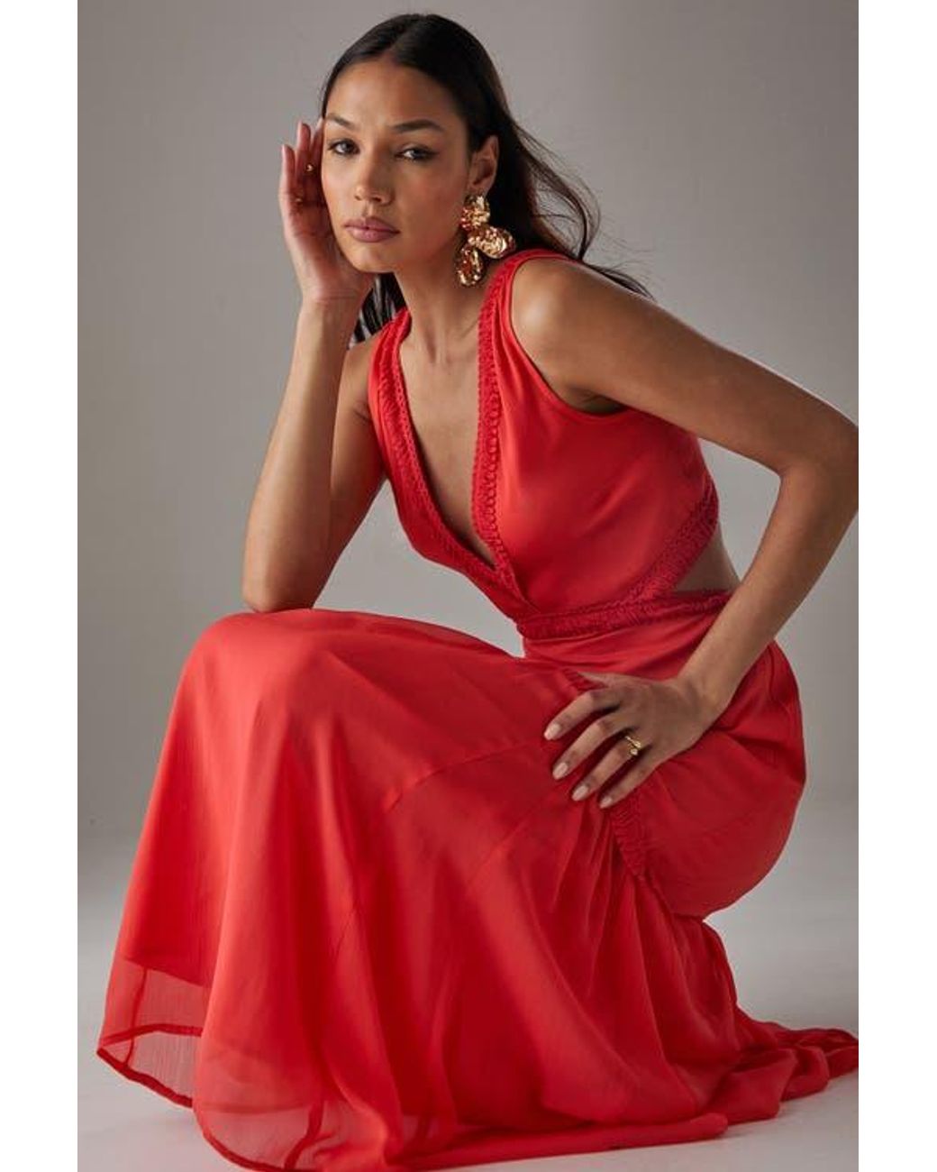 Warehouse Red Chiffon Fringe Trim Cut Out Maxi Dress