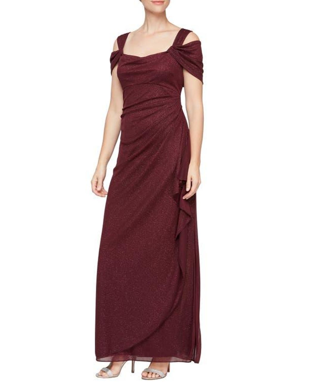Alex Evenings Cold Shoulder Ruffle Glitter Chiffon Gown in Purple | Lyst