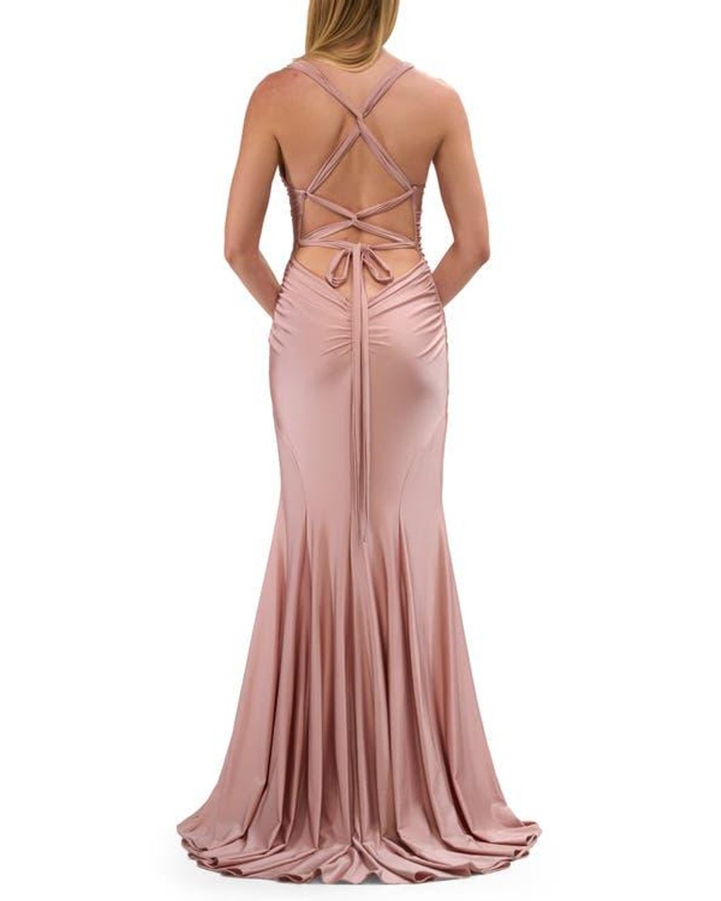 La Femme Sleek Prom Dress With Deep V-Neckline And Tie Back in Pink | Lyst
