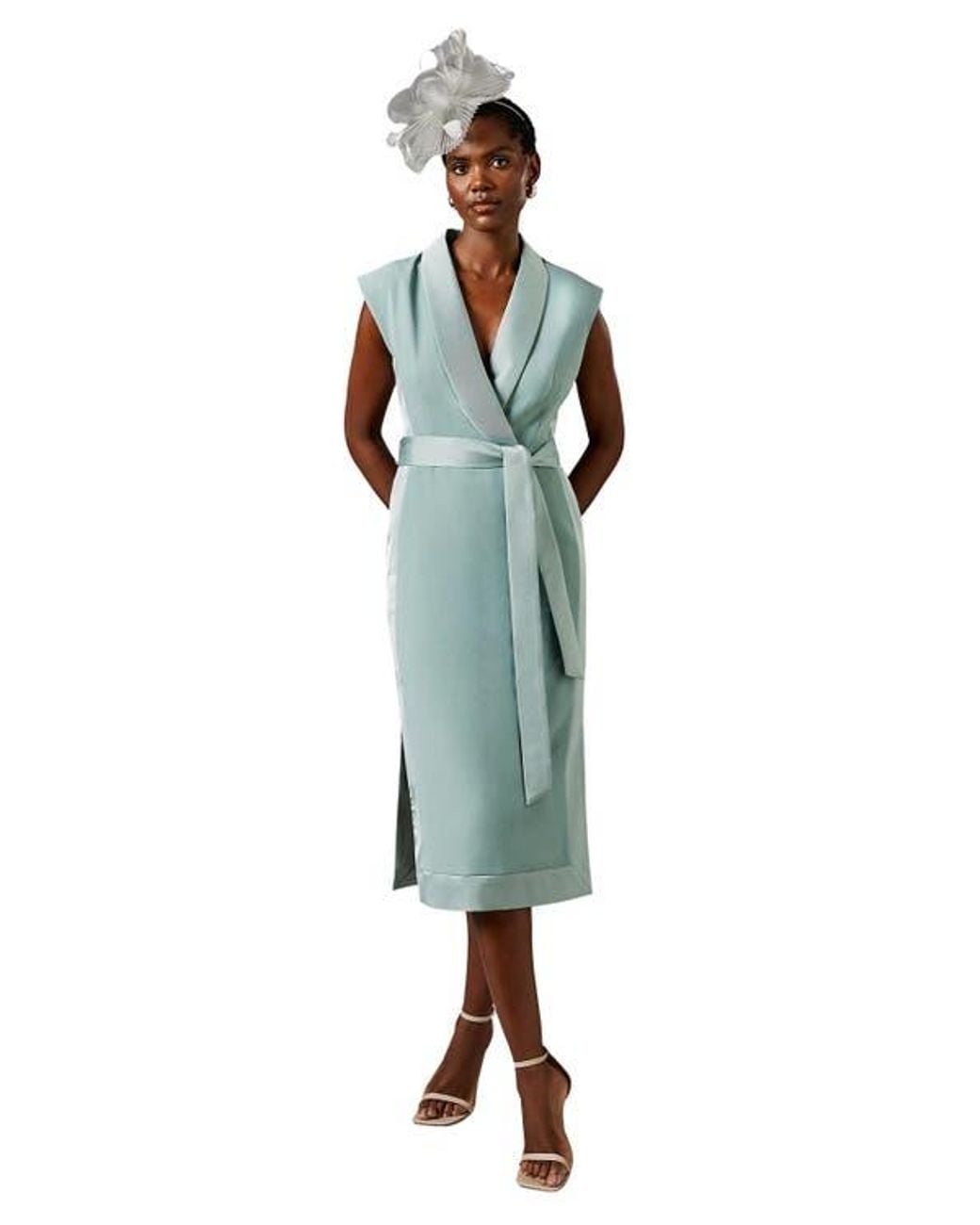 slim fit dress slacks Elle Satin Midi Dress in Sage Green