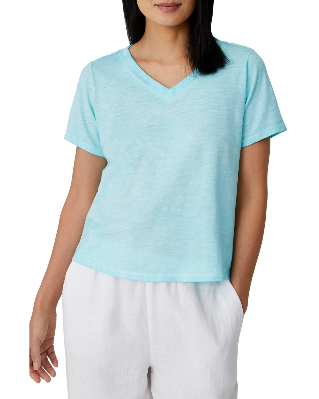 Eileen Fisher V-neck Organic Cotton T-shirt in Blue - Lyst