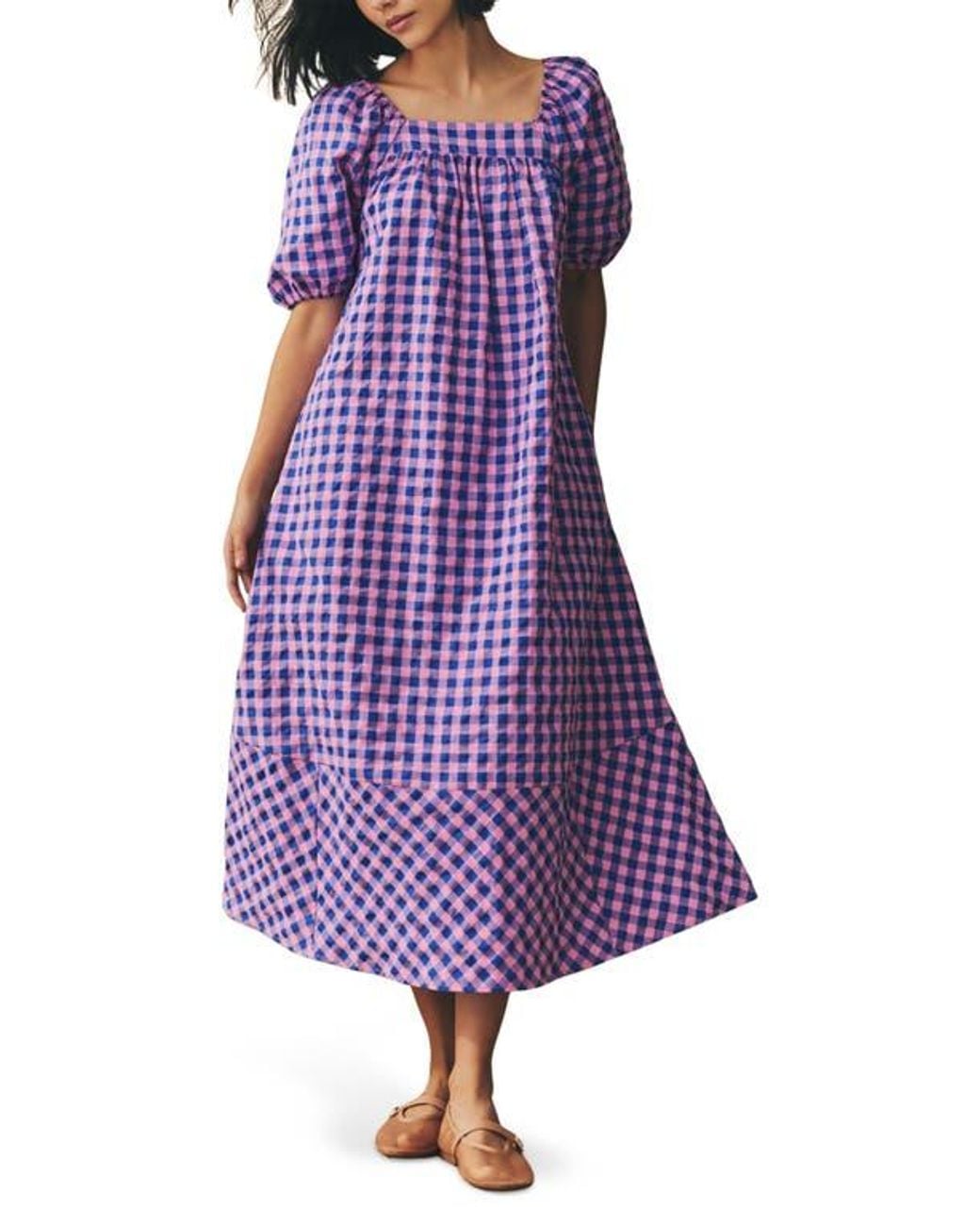 Next Gingham Puff Sleeve Seersucker Dress in Purple | Lyst
