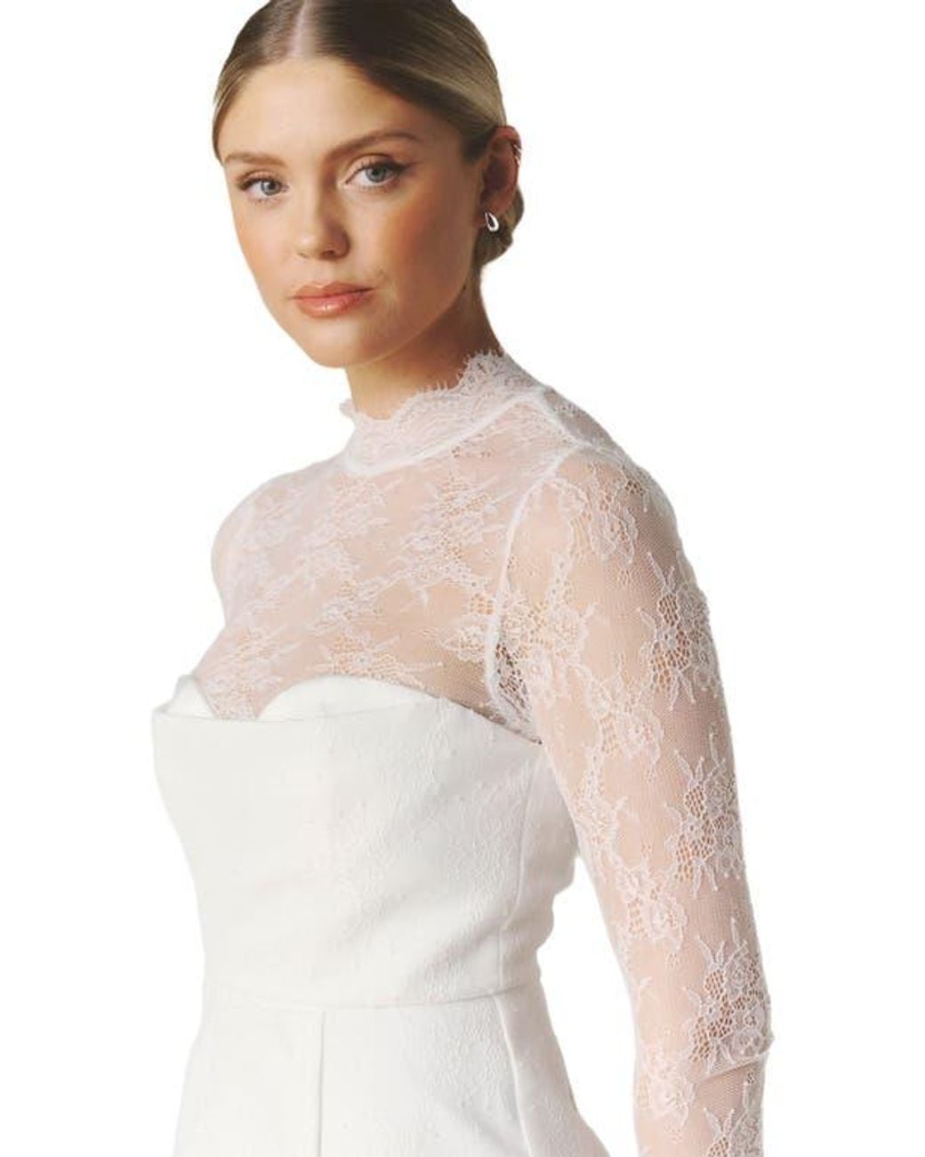 Six Stories Lace Sleeve Cup Detail Midi Dress in White | Lyst