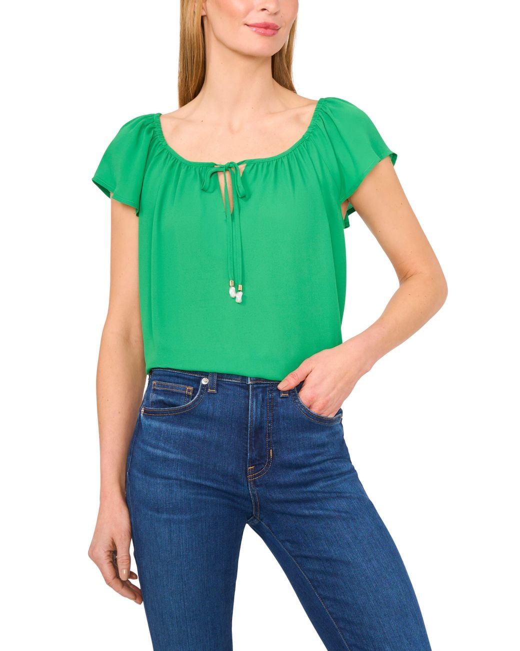 Cece Green Scoop Neck Flutter Sleeve Top
