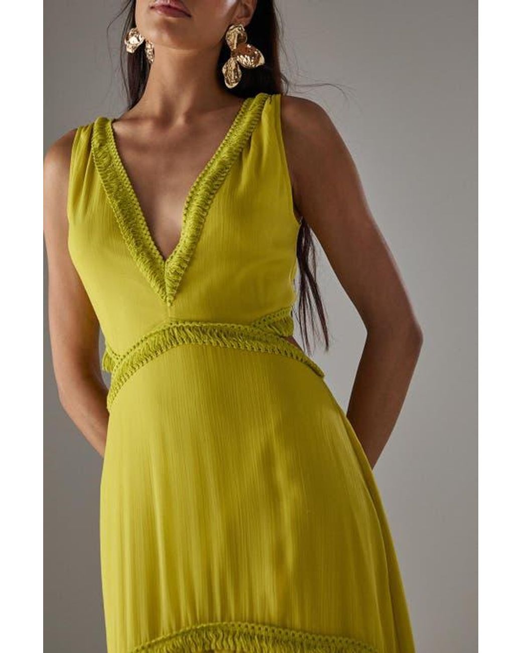 Warehouse Yellow Chiffon Fringe Trim Cut Out Maxi Dress