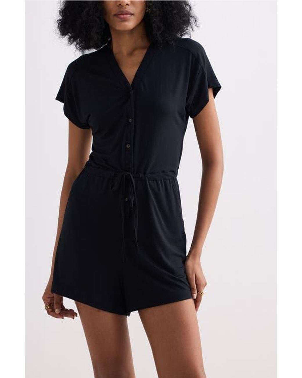 REISTOR Black V Neck Drawstring Knit Romper