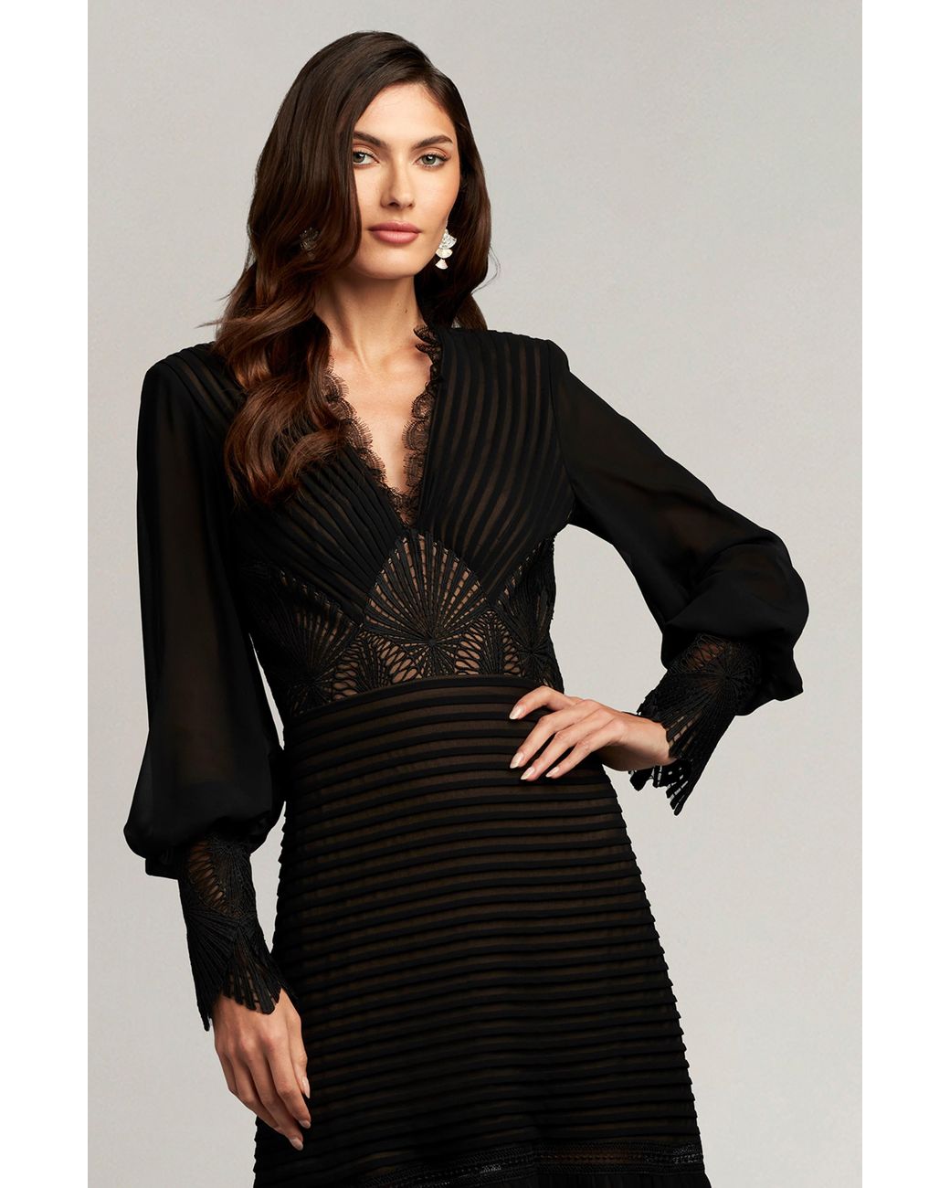 Tadashi Shoji Ribbed Lace Trim Long Sleeve Midi Cocktail Dress in Black |  Lyst