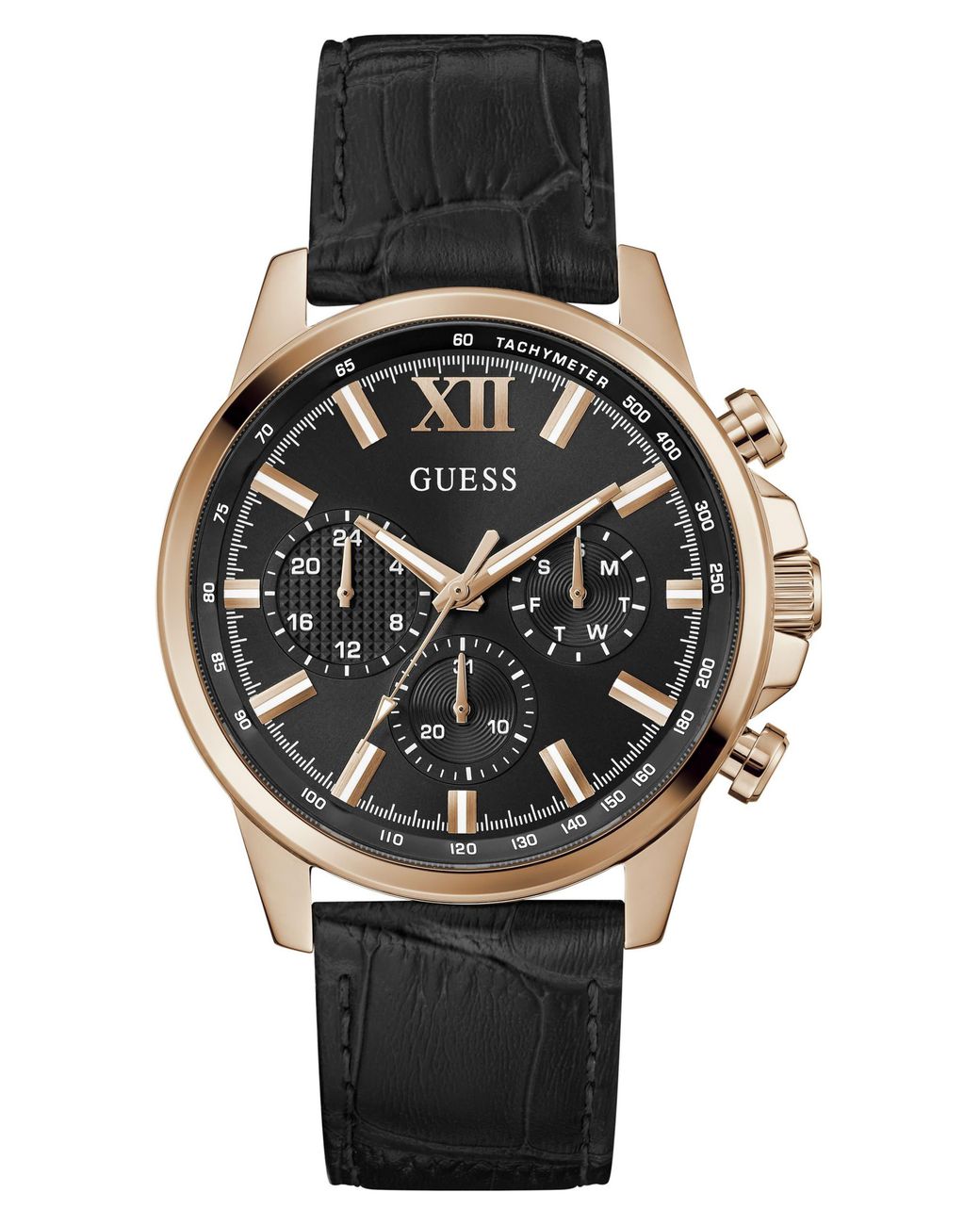 Guess Black Walker Dial Multifunction Leather Strap Watch, 44Mm for men
