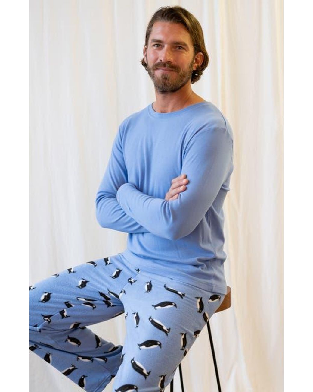 Leveret Blue Cotton Top & Fleece Pants Printed Matching Family Holiday Pajama Set for men
