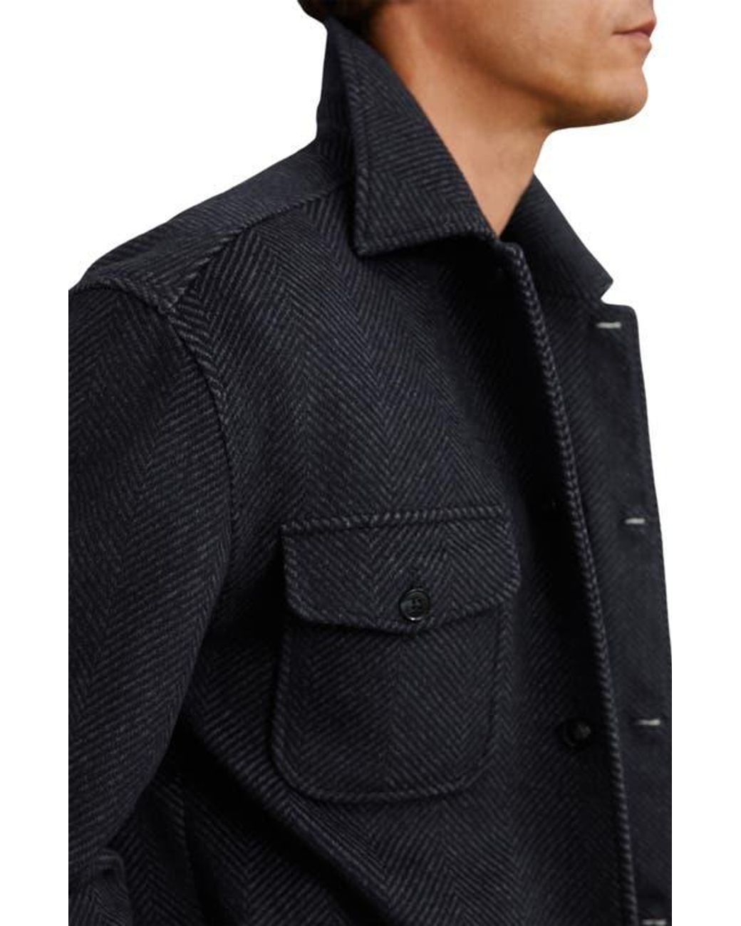 Reiss Compton Herringbone Wool Blend Shirt Jacket in Black for Men | Lyst