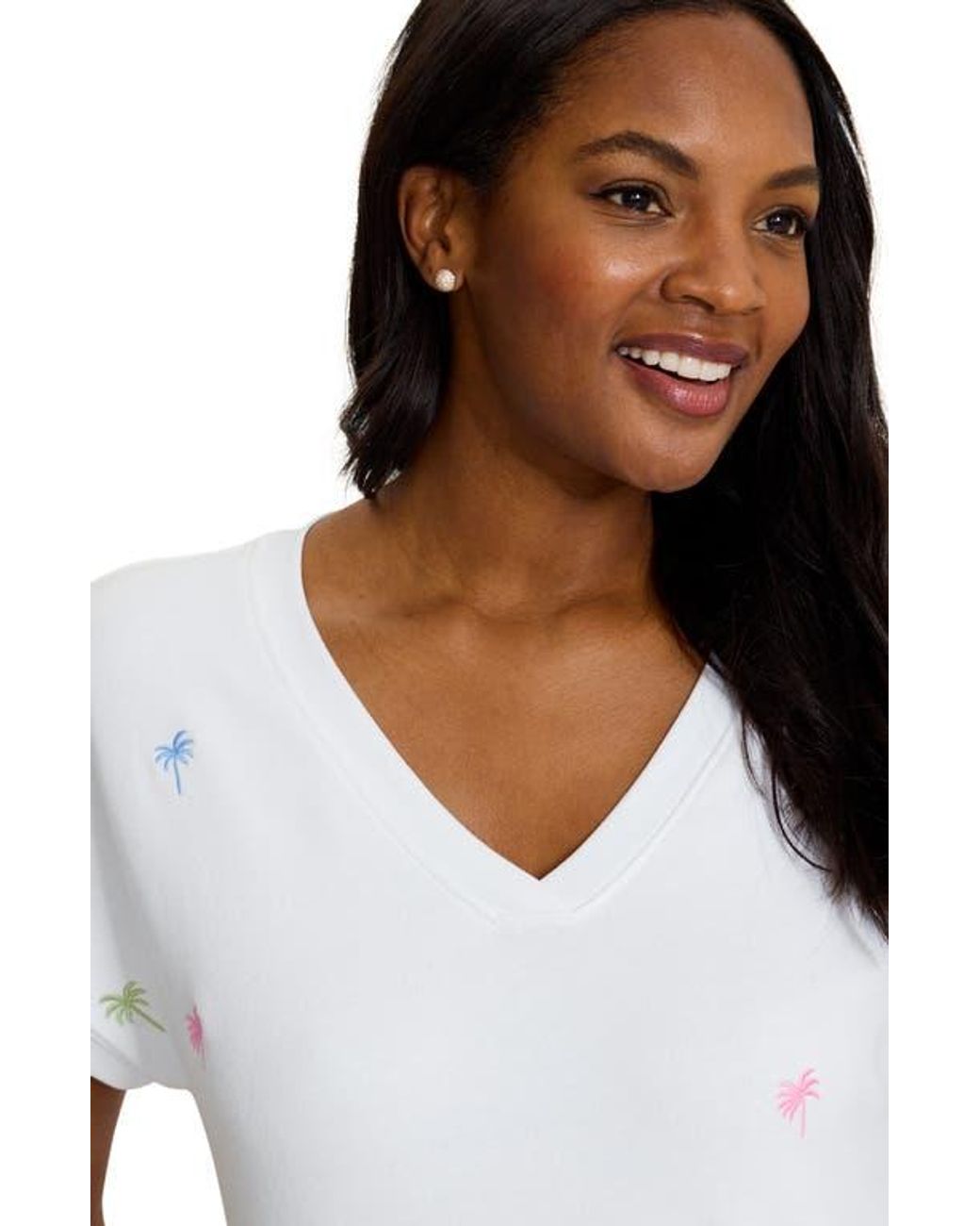 Tommy Bahama White Marina Del Mar Embroidered Palm Tree Cotton Fleece V-Neck Dress