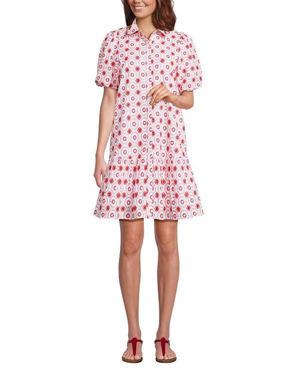 Lands' End Elbow Sleeve Eyelet Knee Length Shirt Dress in Red | Lyst