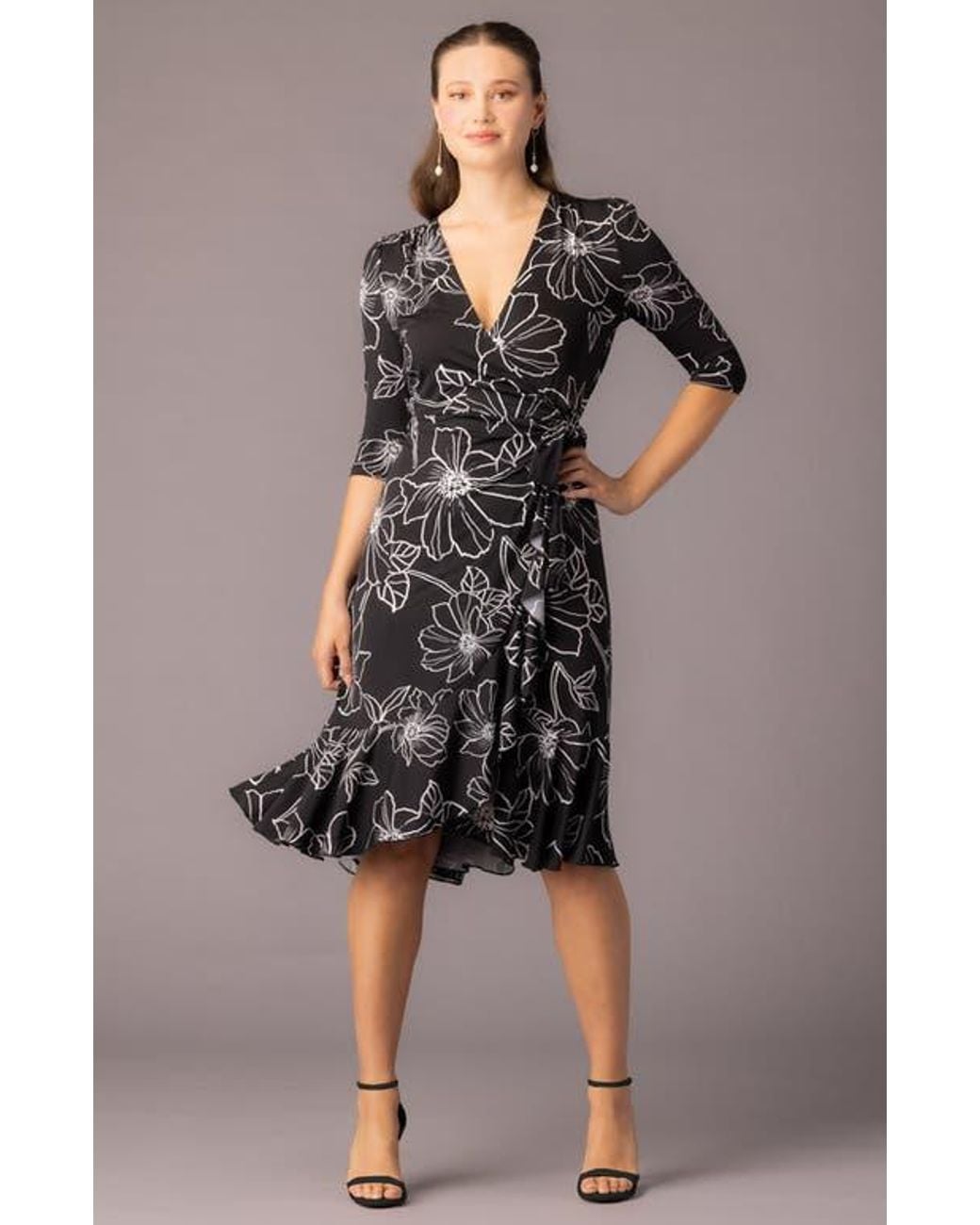 Kiyonna Black Flirty Flounce Midi Wrap Dress With 3/4 Sleeves