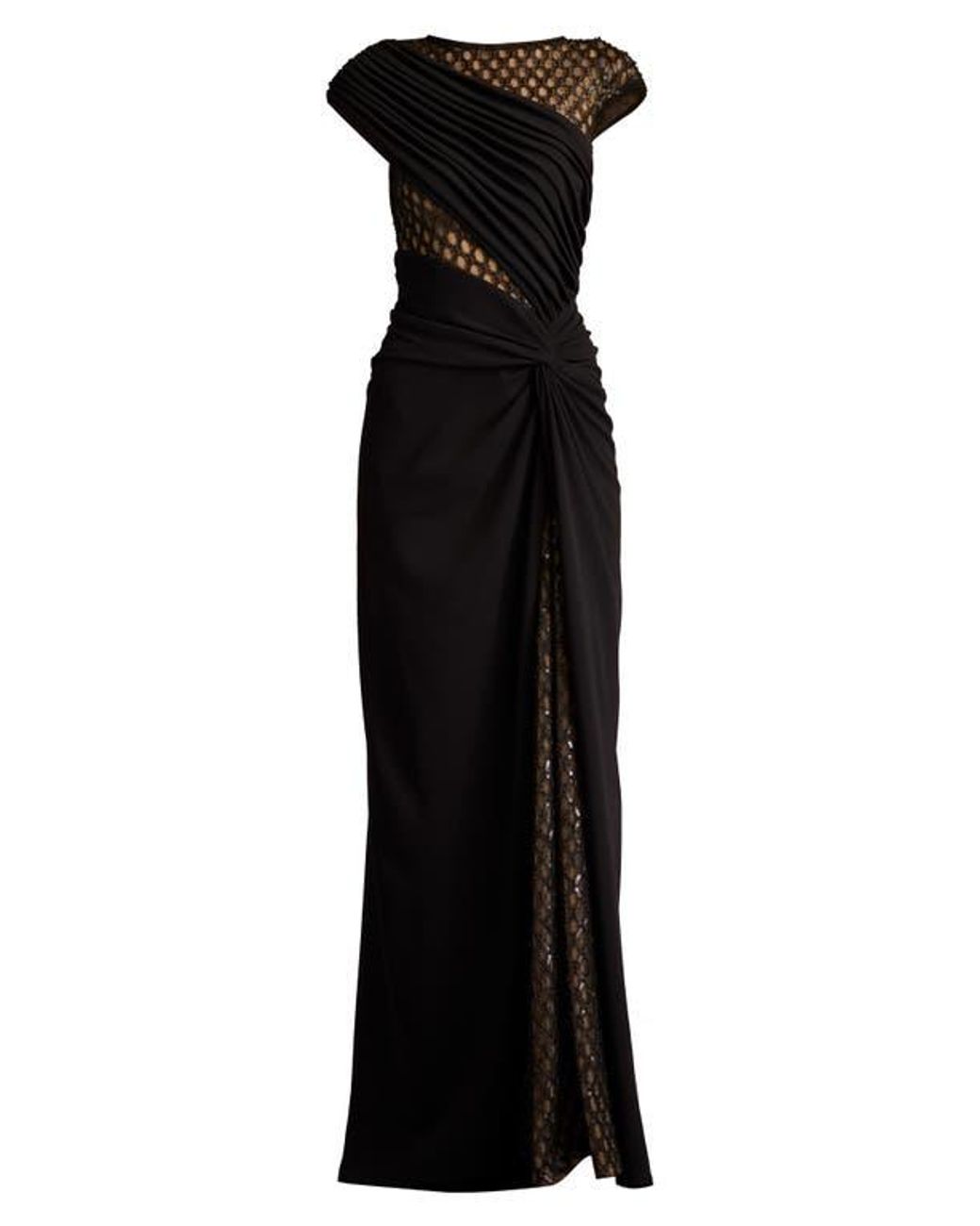 Tadashi Shoji Mixed Media Cap Sleeve Crepe Gown in Black | Lyst