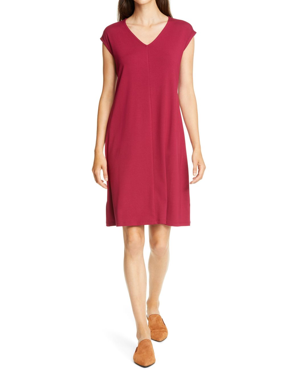 Eileen Fisher V-neck Sleeveless Knit Dress in Red - Lyst