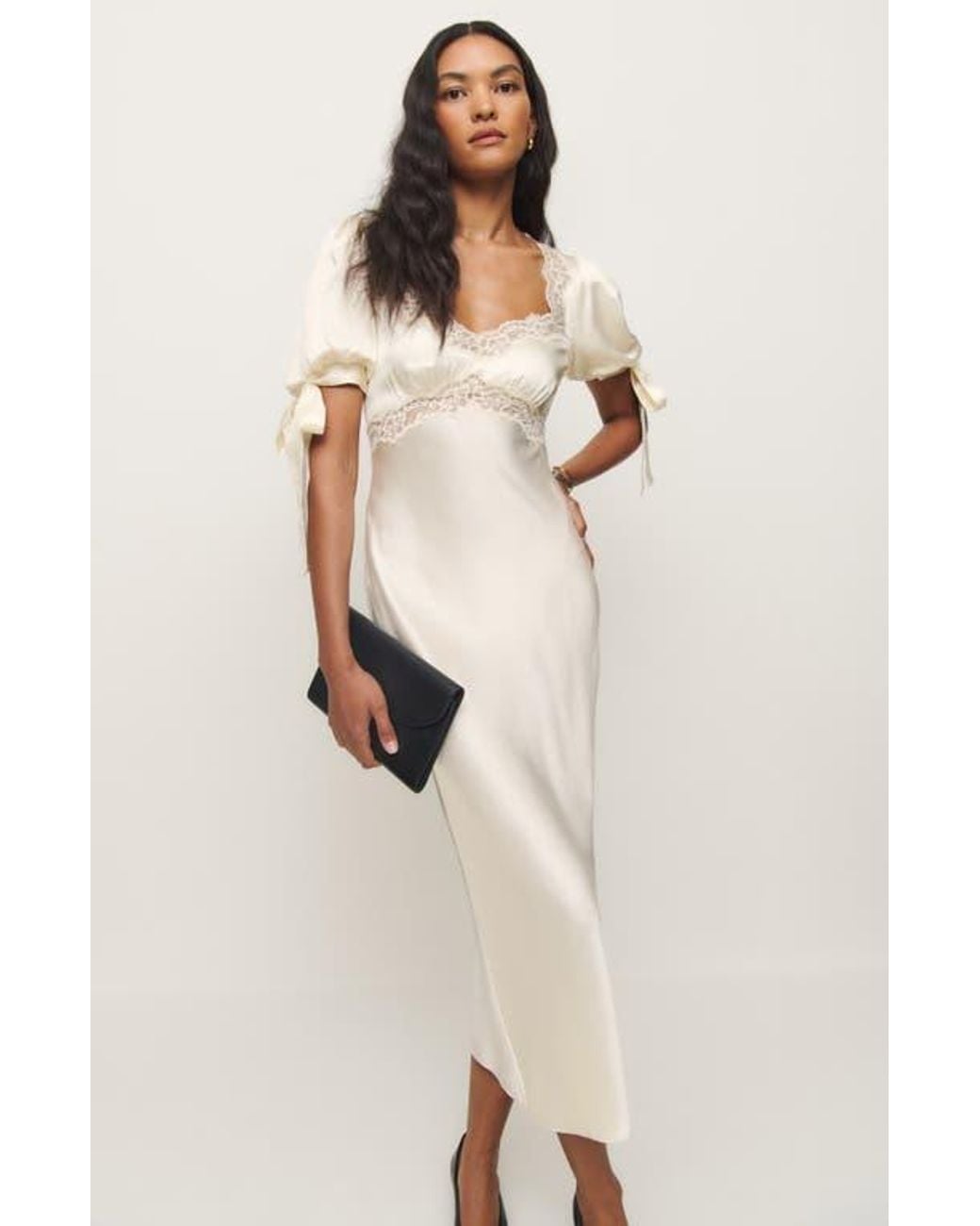 Reformation X Kacey Musgraves Stella Lace Trim Silk Midi Dress in Natural | Lyst Reformation X Kacey Musgraves Stella Lace Trim Silk Midi Dress in Natural | Lyst