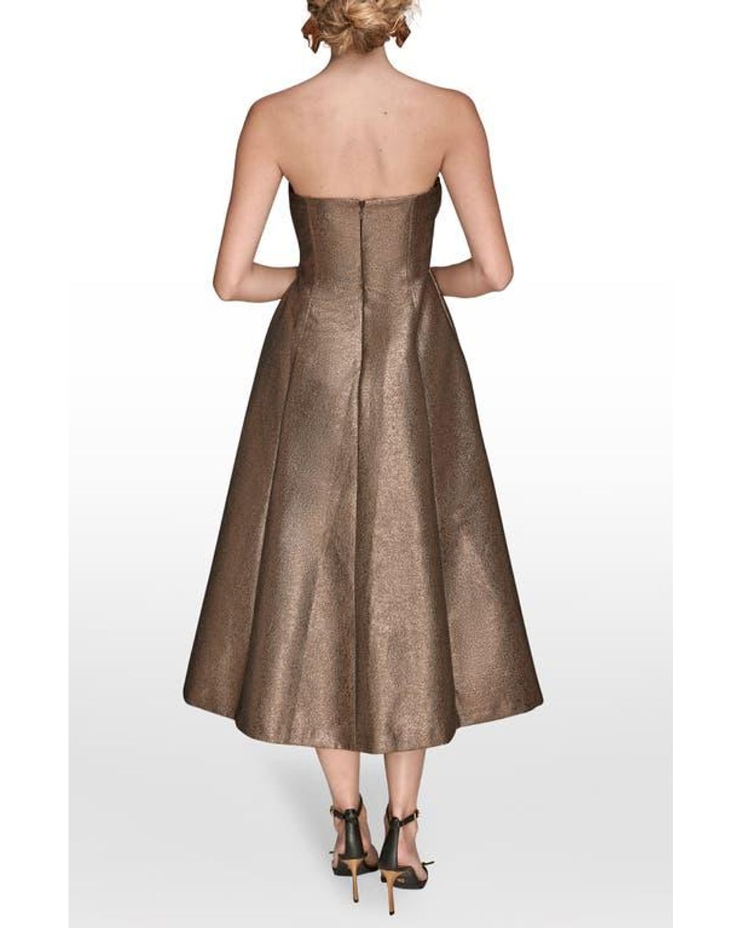 Donna Karan Metallic Pleated Strapless Fit & Flare Cocktail Dress in Brown  | Lyst