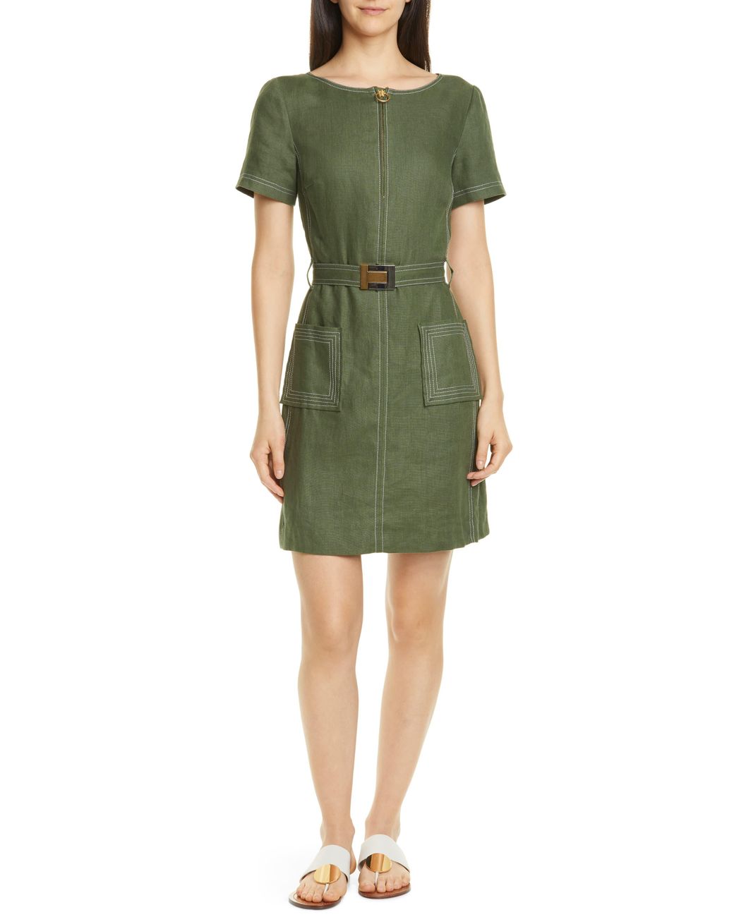 Tory Burch Belted Linen Dress in Green | Lyst