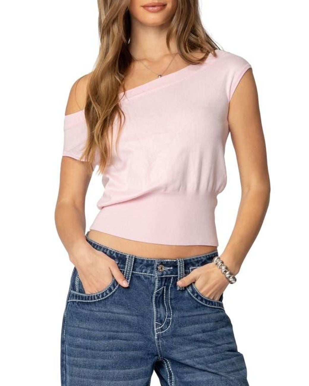 Edikted Blue Michaela One-Shoulder Top