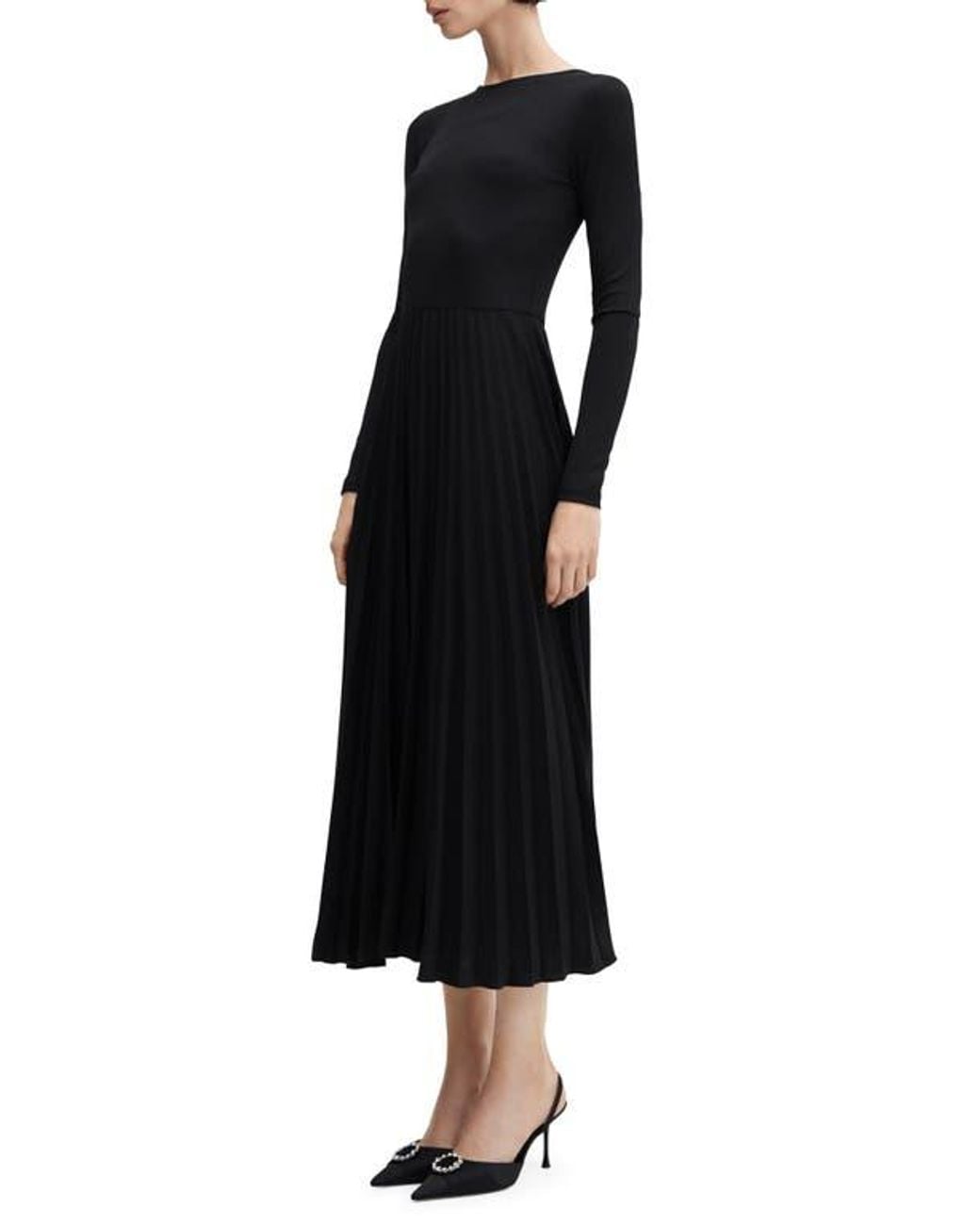 Mango Long Sleeve Pleated Dress in Black | Lyst