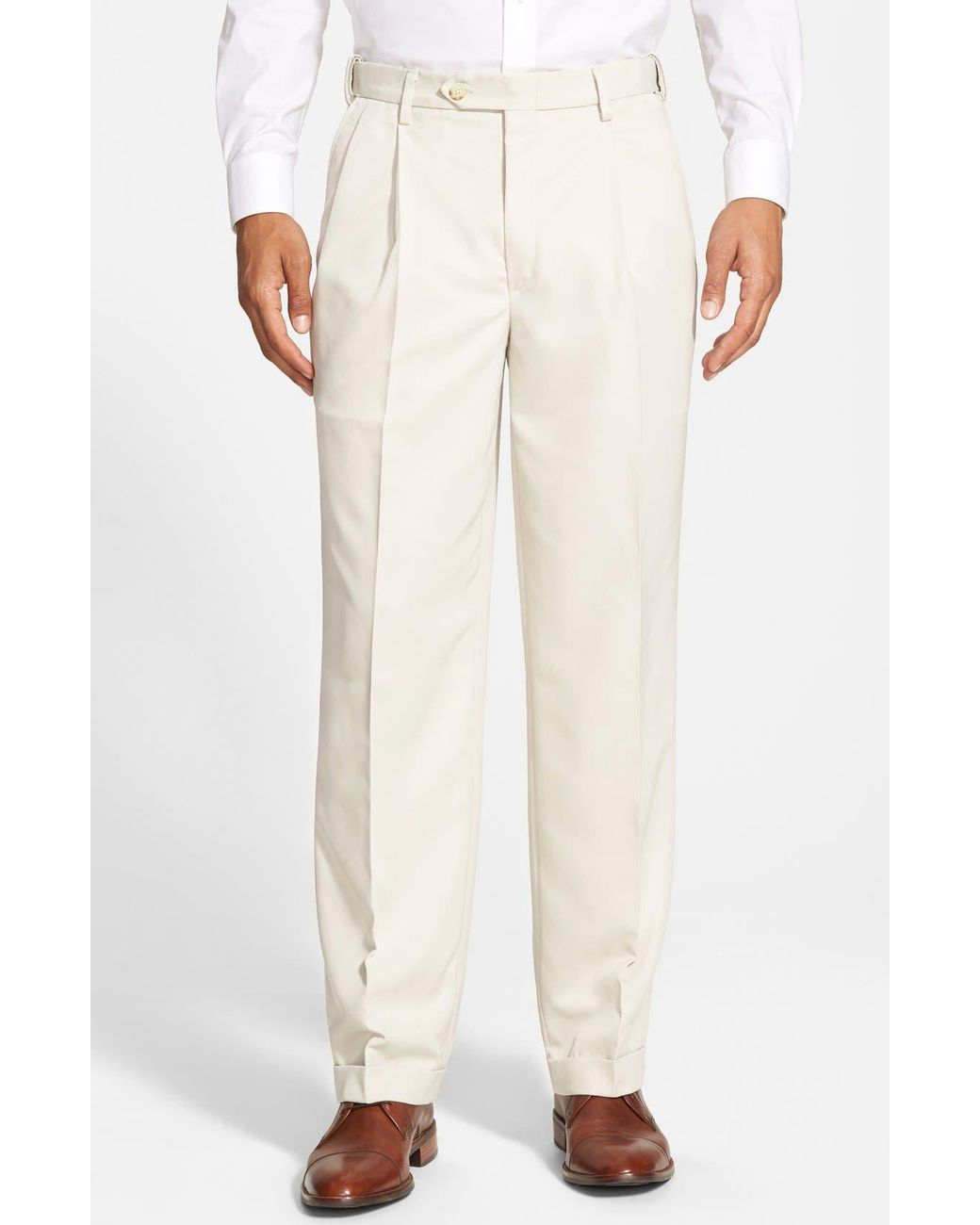 Berle White Self Sizer Waist Pleated Classic Fit Microfiber Trousers for men