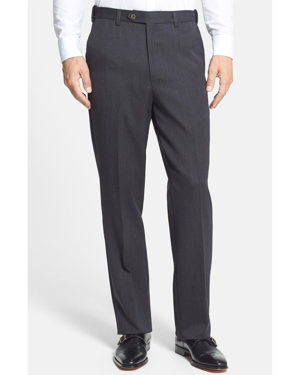Berle Blue Self Sizer Waist Flat Front Classic Fit Wool Gabardine Trousers for men