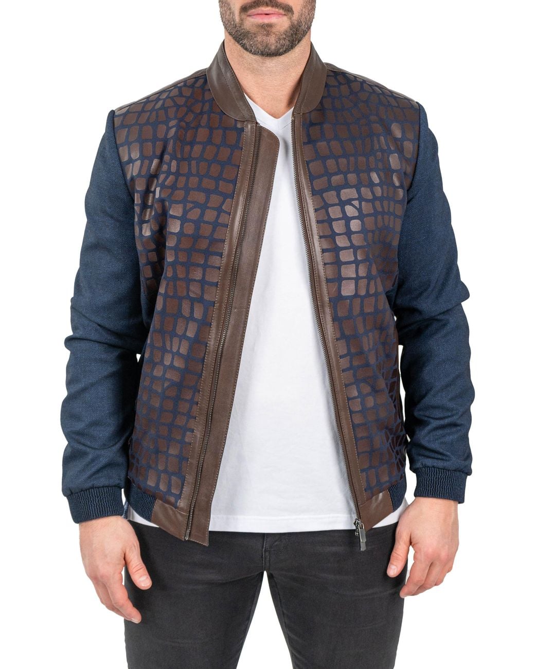 Maceoo Gray Mixed Media Leather Jacket for men