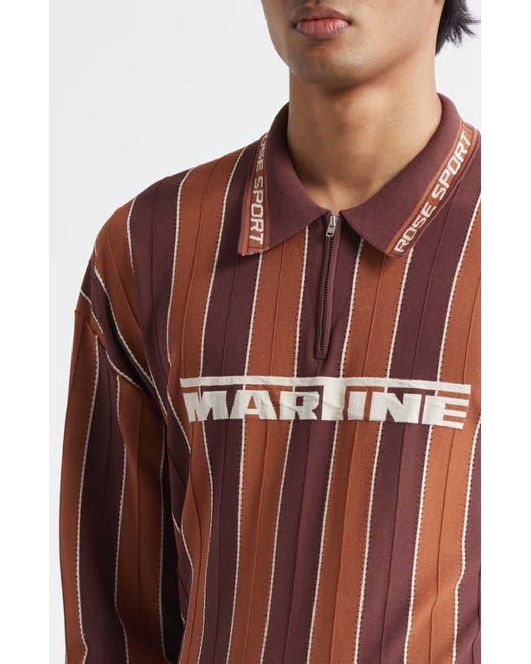 Martine Rose Logo Jacquard Stripe Long Sleeve Zip Polo in Brown