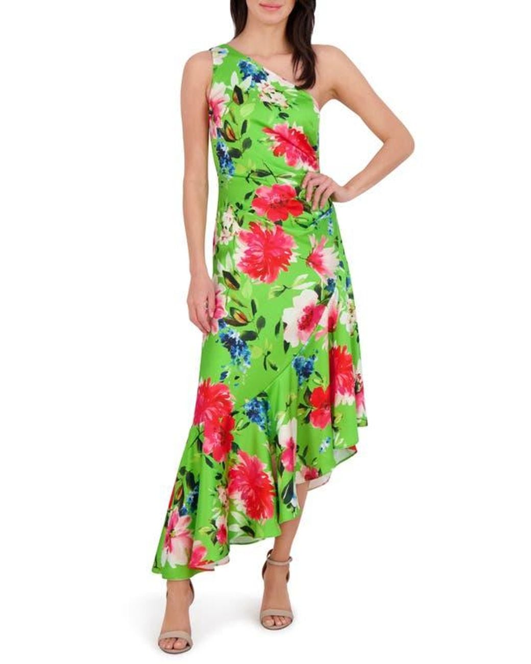 Eliza J One Shoulder Floral Asymmetric Satin Cocktail Dress in Green | Lyst
