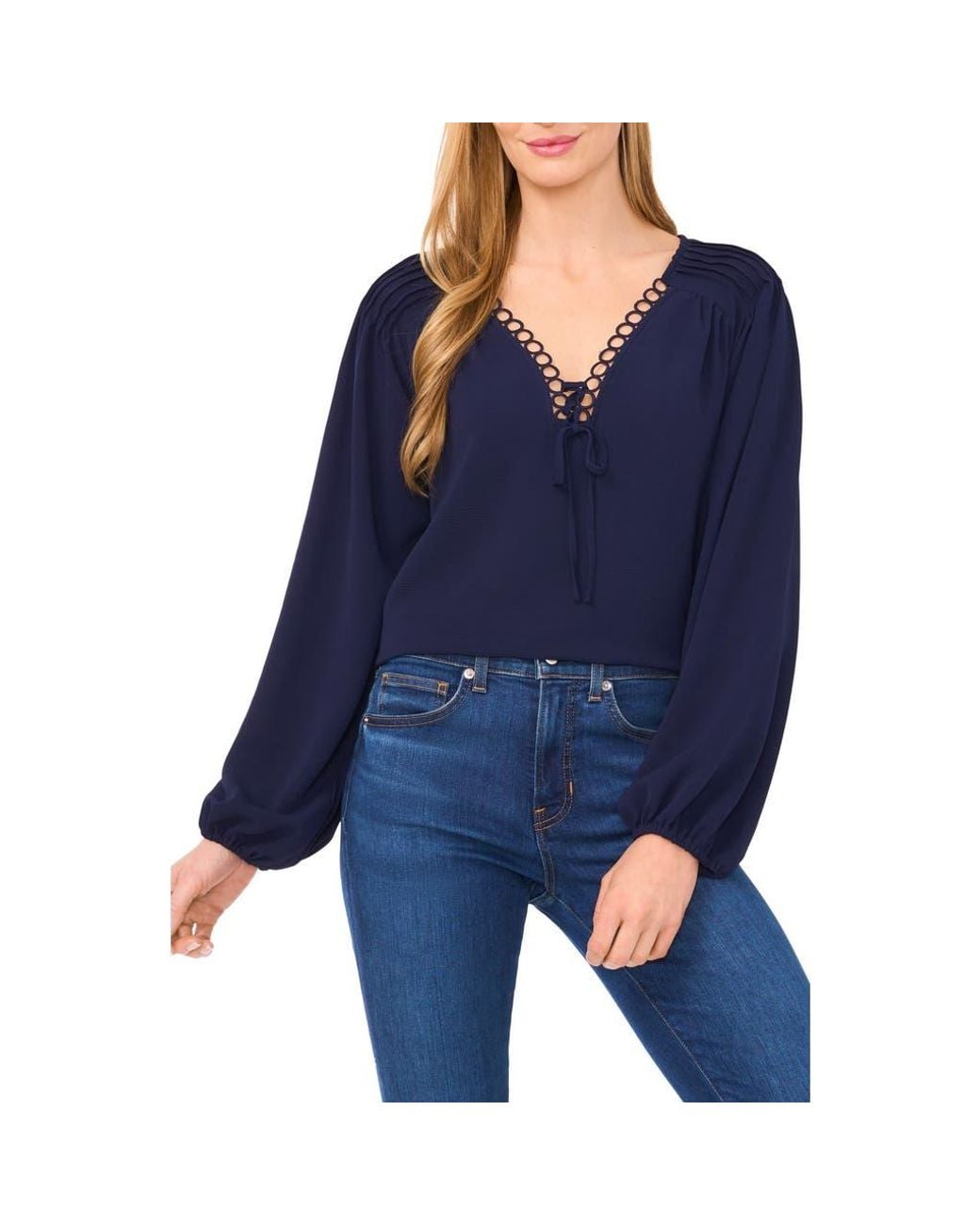 Cece Blue Circle Trim Pintuck Top