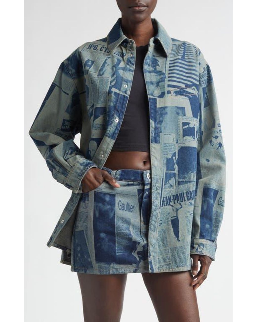 Jean Paul Gaultier Blue Newspaper Print Denim Button-Up Shirt