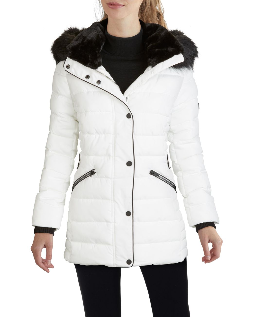 Kenneth Cole Hooded Puffer Coat With Faux Fur Trim in White/ Black ...