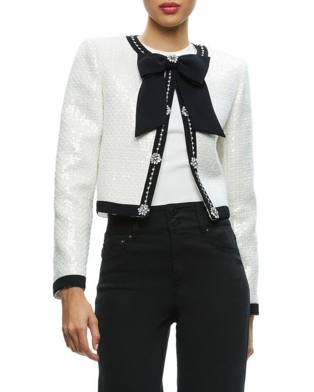 Alice + Olivia Gwyneth Rhinestone Detail Tweed Jacket in