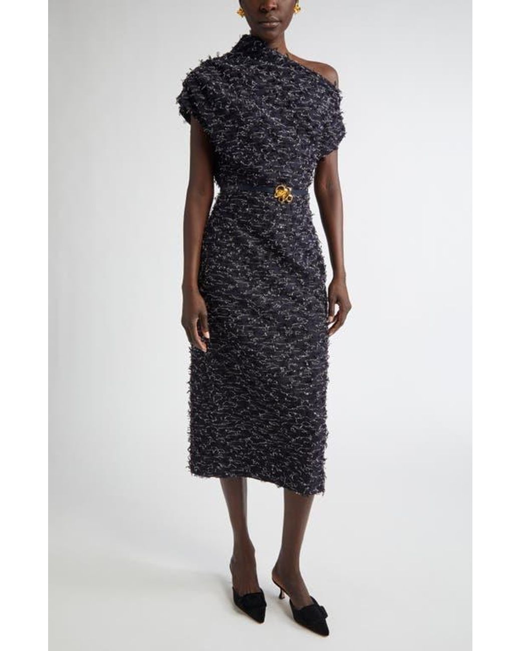 Oscar de la Renta Asymmetric Belted Eyelash Tweed Dress in