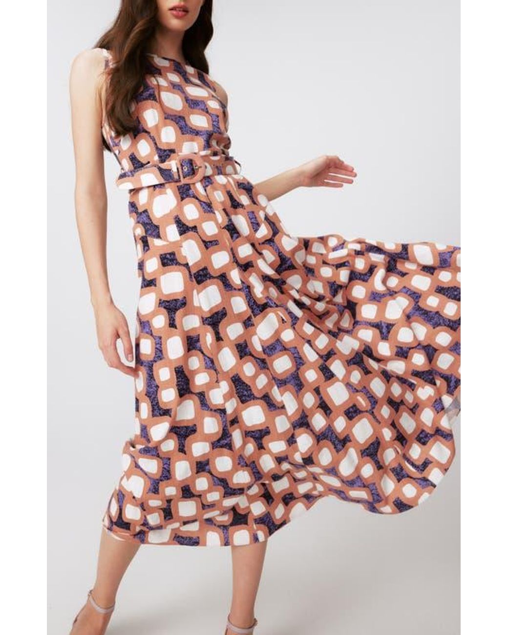 Diane von Furstenberg White Elliott Abstract Print Sleeveless Midi Dress