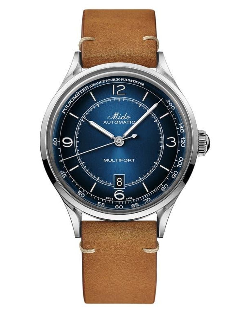MIDO Blue Multifort Pulsemeter Automatic Leather Strap Watch, 40Mm