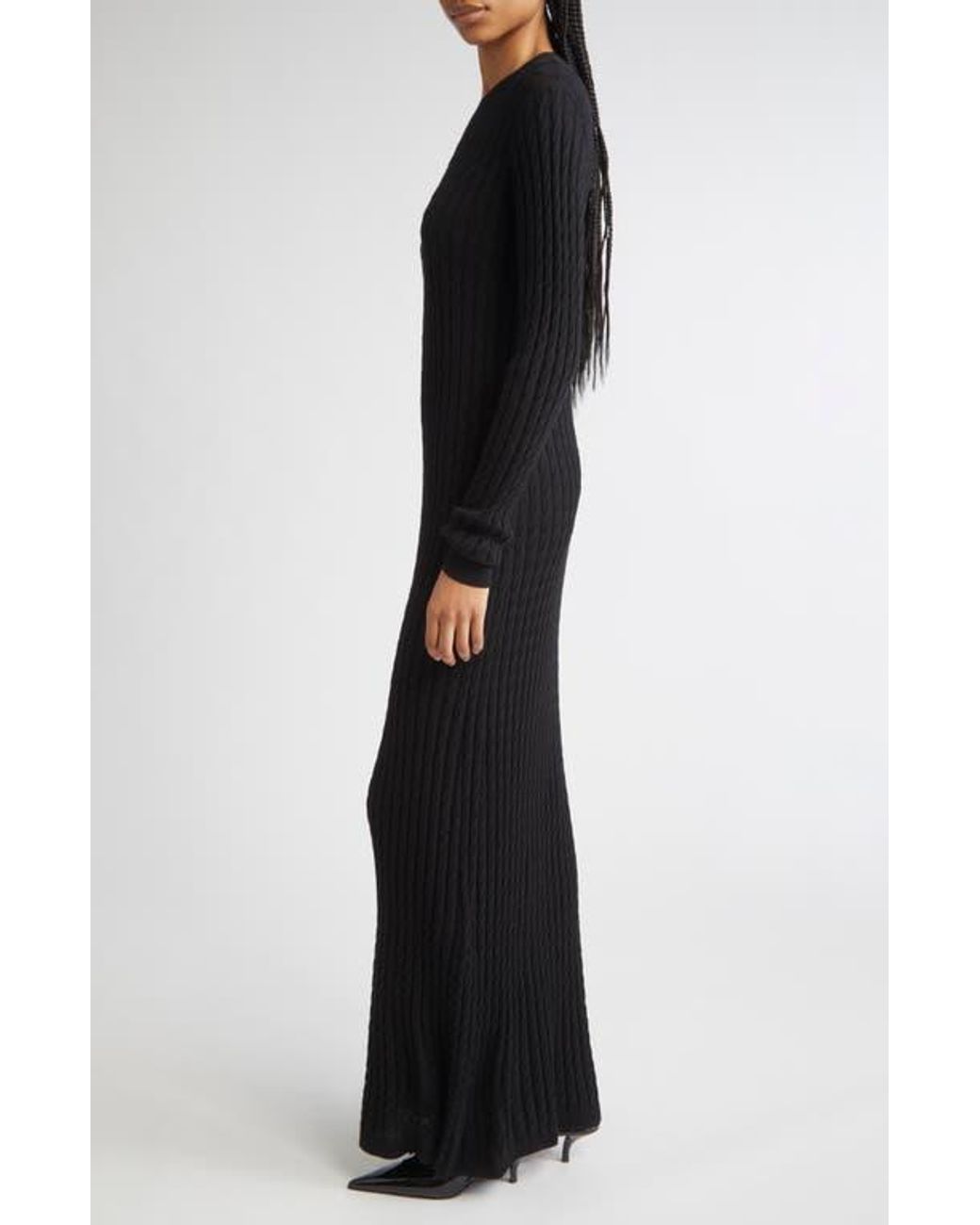 TOTEME Long Sleeve Cable Knit Wool Merino Wool Sweater Dress in Black | Lyst