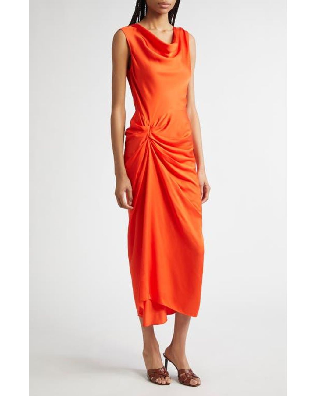 knee length dresses for ladies Nora Peach And Lilac Floral Twisted Asymmetric Midi Dress – Club L London main image 1