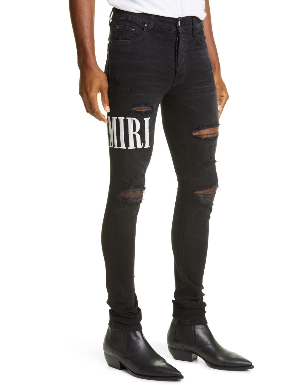 Amiri Logo Embroidered Ripped Skinny Jeans in Black for Men | Lyst