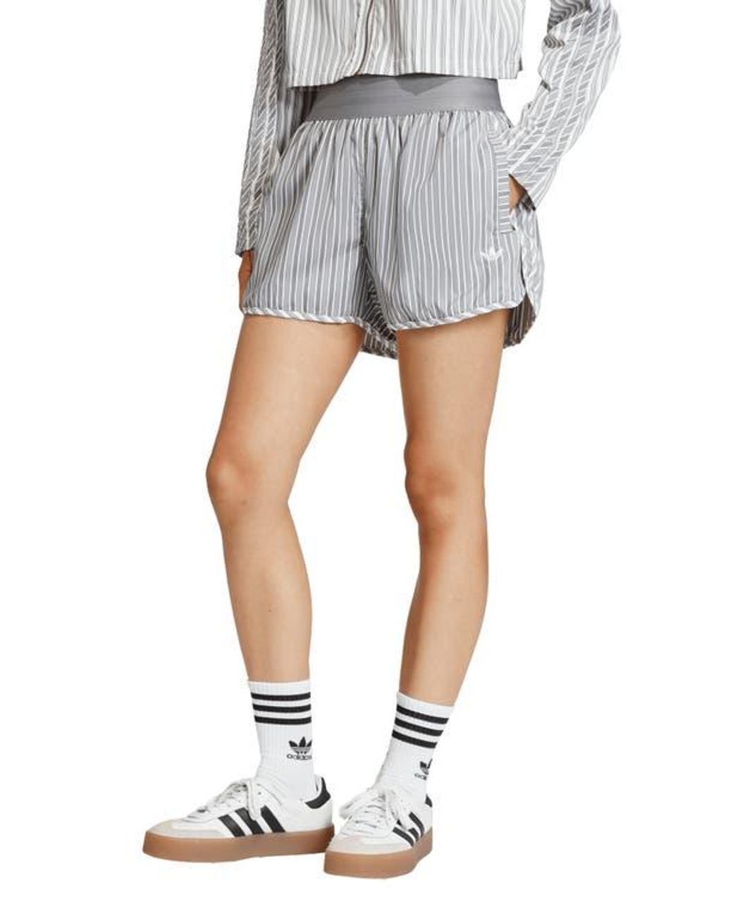 adidas Originals Stripe High Rise Poplin Short in Gray | Lyst