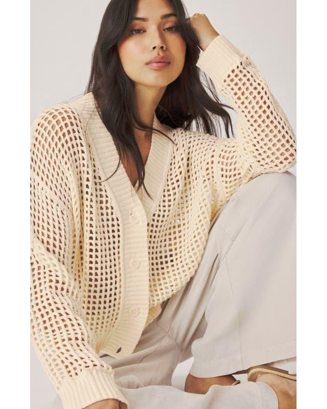 Splendid Natural Camellia Openwork V-Neck Cotton Blend Cardigan