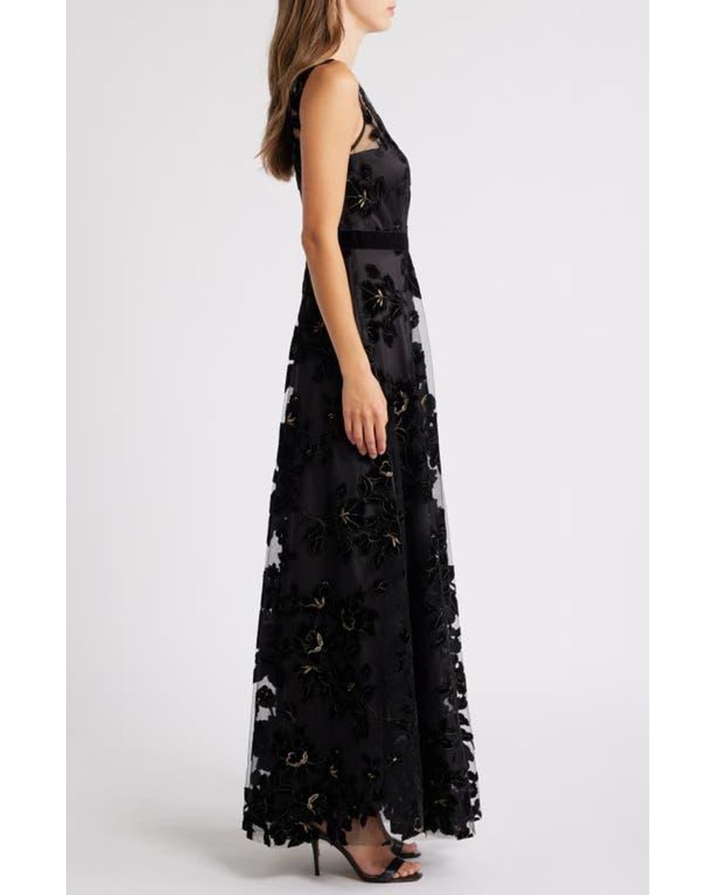 Eliza J Flocked Metallic Tulle Gown in Black | Lyst
