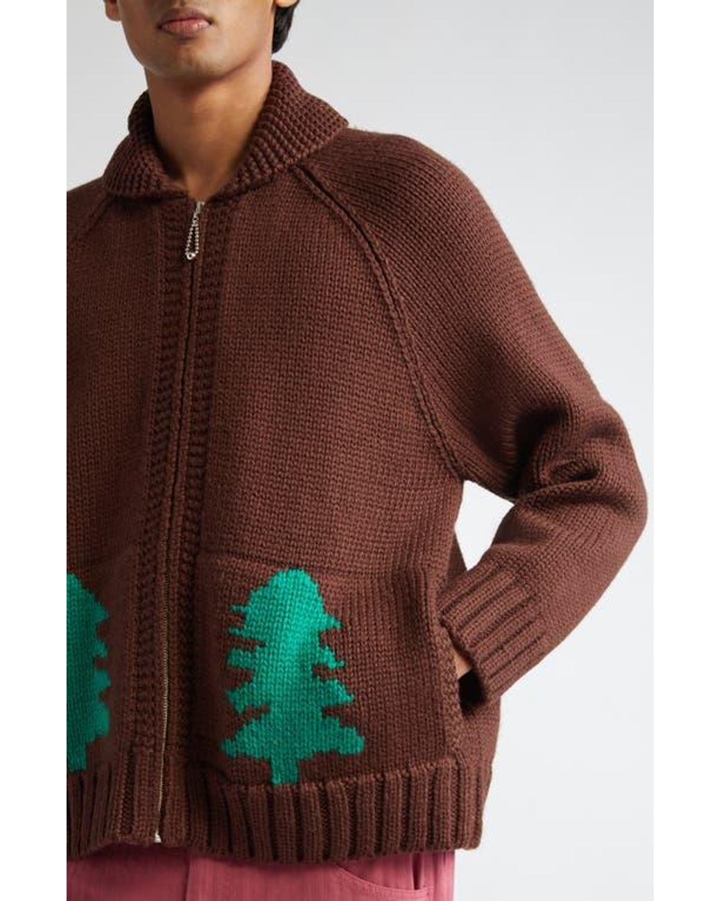 Bode Brown Fir Shawl Collar Wool Zip Cardigan for men