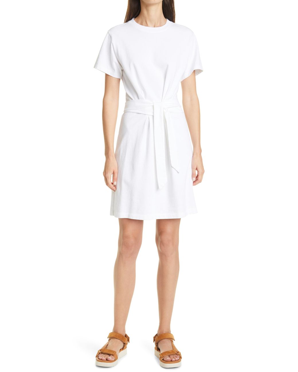 Vince Tie Waist Short Sleeve Cotton Dress in White Lyst